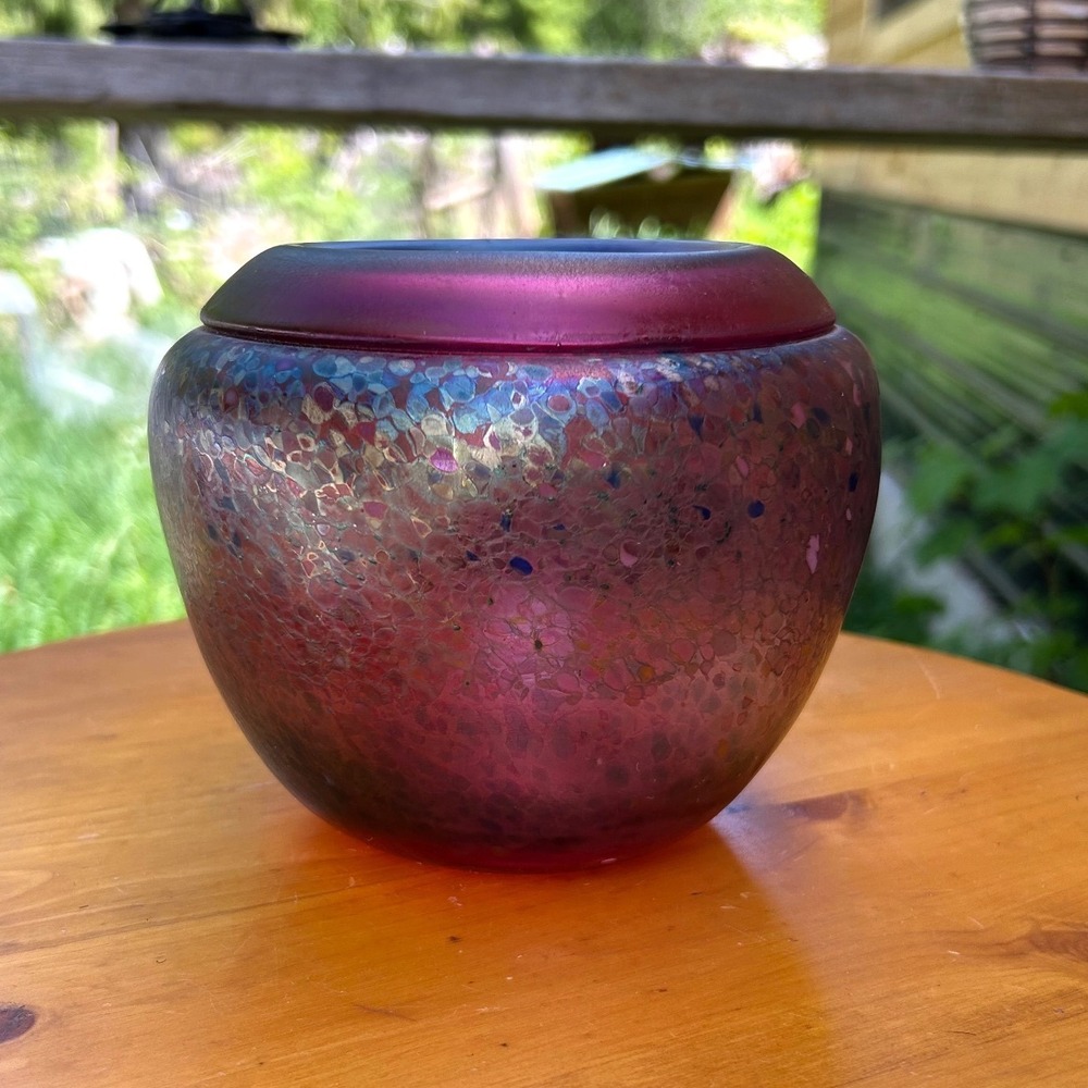 Vintage Iridescent Magenta Hand Blown Art Glass Bowl Vase Robert Held MCM Fairy